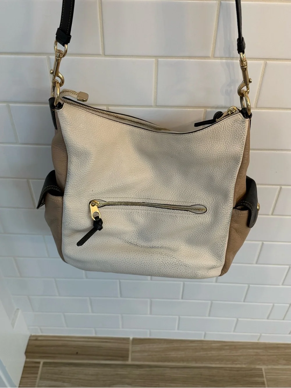 Coach Two-Tone Pebbled Leather Shoulder Bag in Cream, Tan & Black - Picture 7 of 7